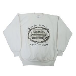 Vintage Y2K Hanes Cream Holiday House Graphic Oregon Sweatshirt M